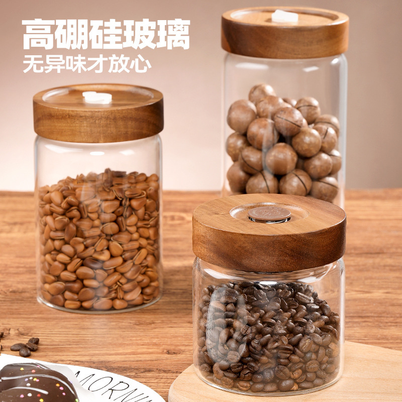 Food-Grade Glass Sealed Jar with One-Way Valve, Coffee Bean Storage Jar with Wooden Lid, Storage Jar for Tea and Dried Tangerine Peel Food-Grade Glass Sealed Jar with One-Way Valve, Coffee Bean Storage Jar with Wooden Lid, Storage Jar for Tea and Dried Tangerine Peel