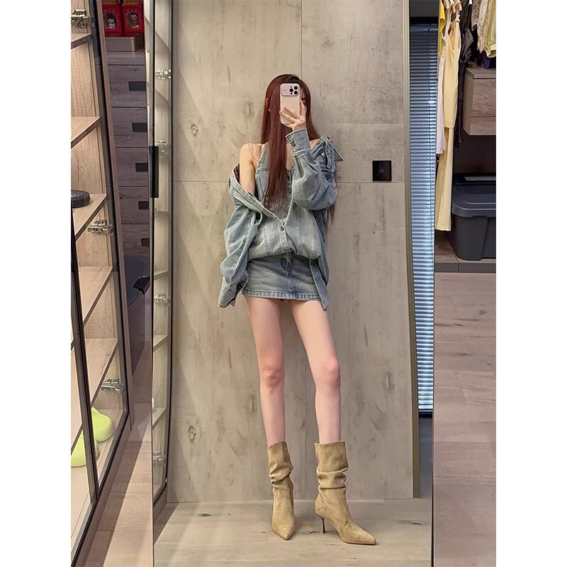 【现货】混凝草中筒女细跟秋冬尖头短靴子显瘦高跟马丁靴堆堆靴|undefined