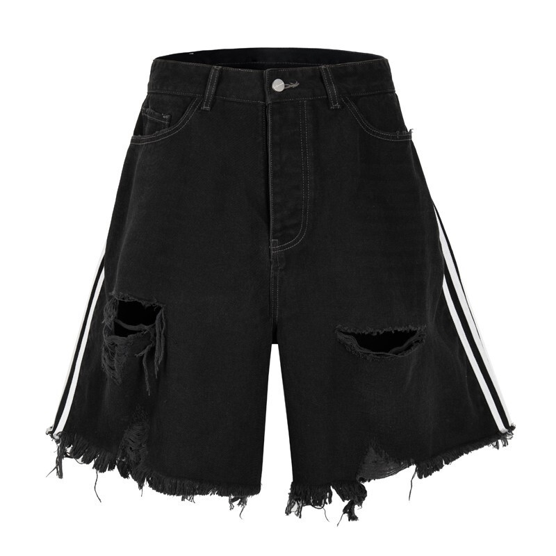 American High Street Style Skater Distressed Tassel Three-Stripe Denim Shorts Men's Trendy Vintage Five-Point Shorts