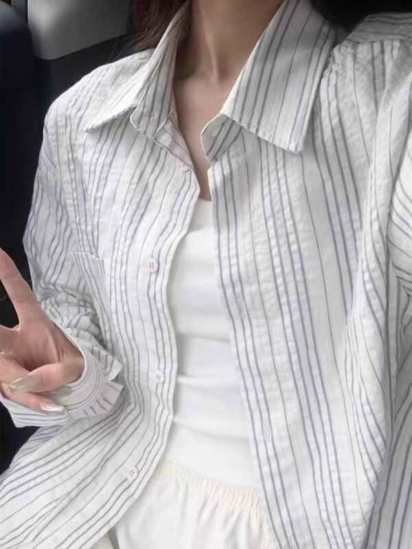 2025 Spring and Autumn New Thin Sunscreen Cotton Shirt Women's Striped Fresh Loose All-match Shirt Outer Wear Top