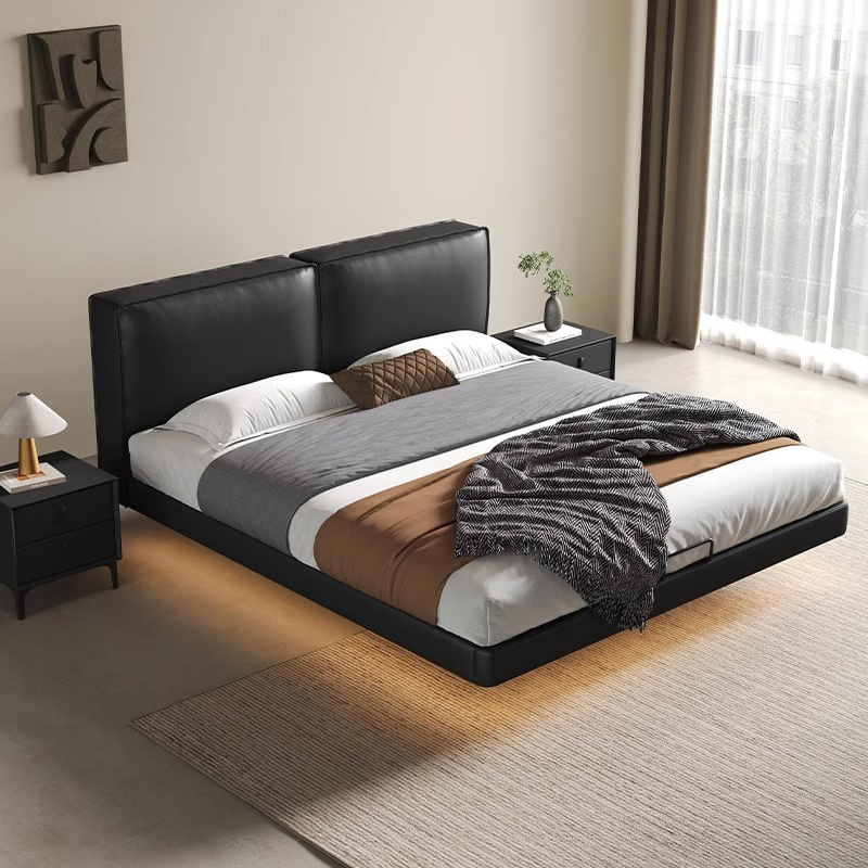 Cama de cuero de buey negro, cama principal, tofu negro, cama flotante, cama doble, cama de matrimonio simple.
