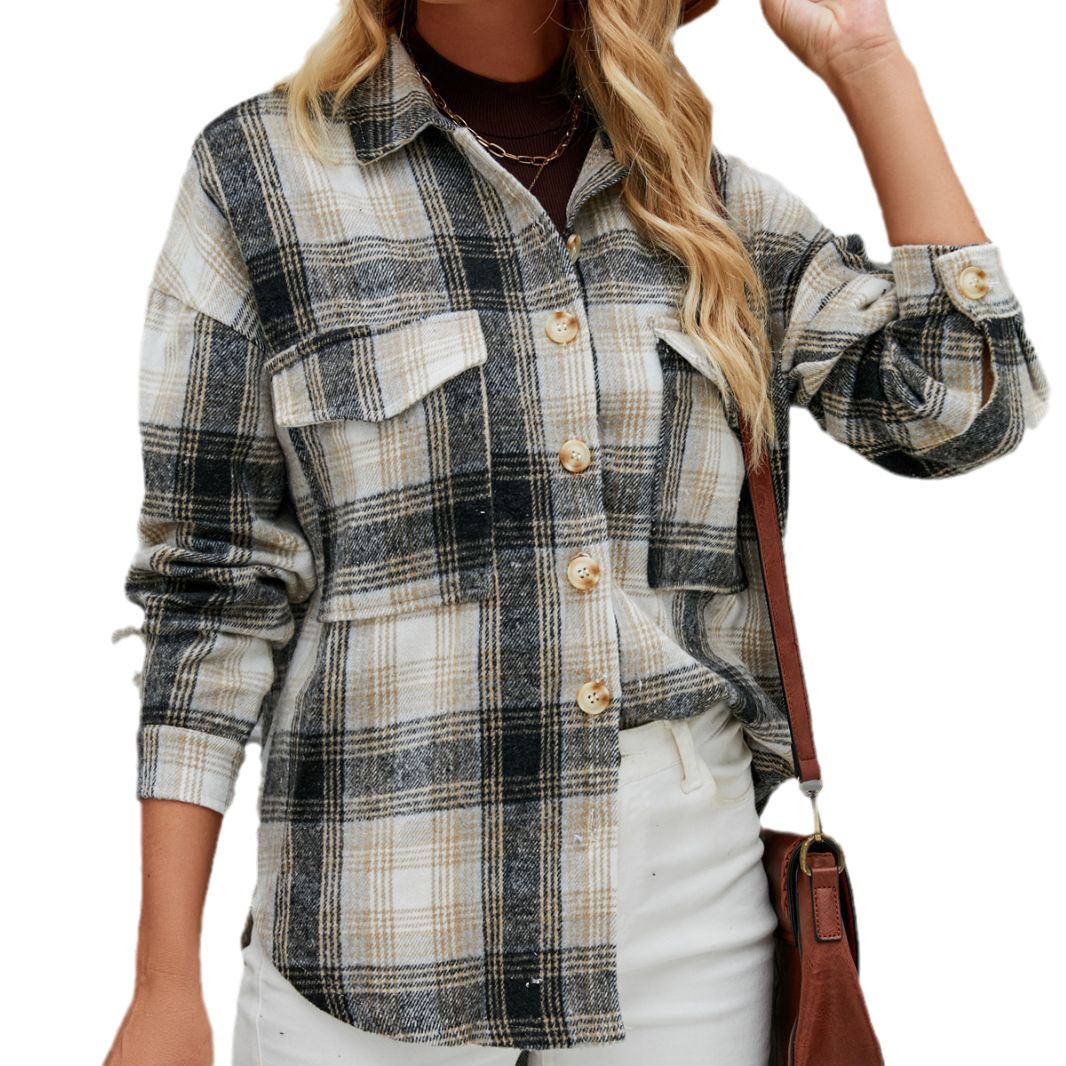 Real Shot of 2023 Hot Selling Autumn and Winter New European and American Long Sleeved Loose Plaid Woolen Jacket for Women_voghion.com