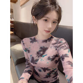 设计水墨花朵网纱长袖T恤女夏季薄款微透修身显瘦辣妹打底衫上衣