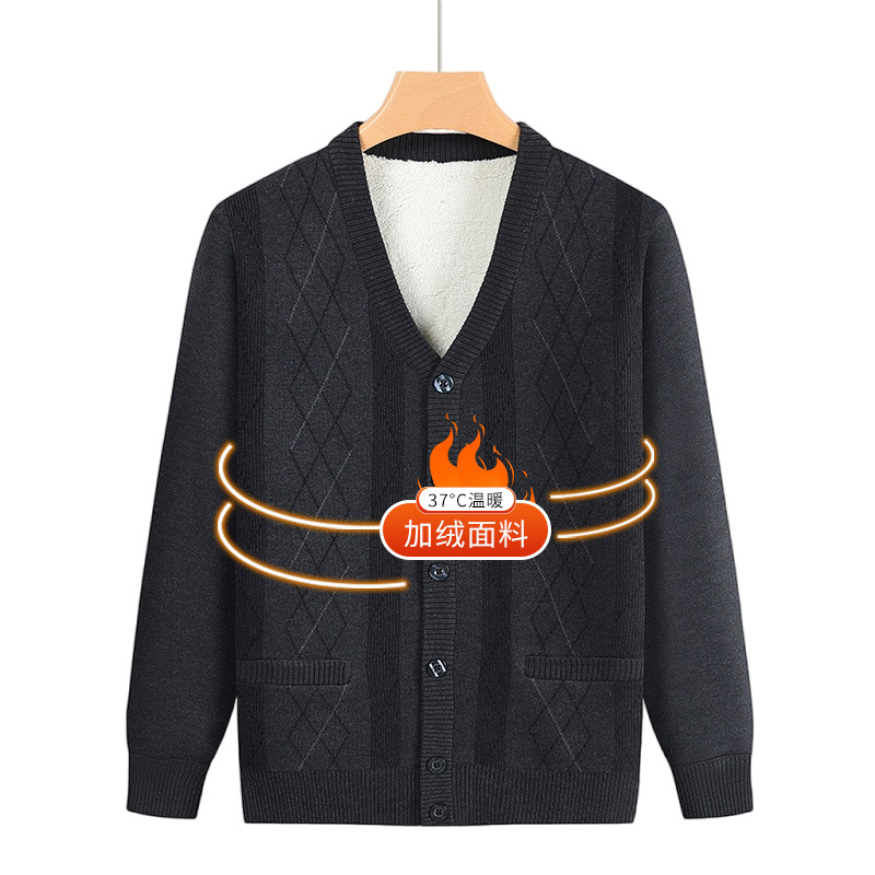 Otoño y invierno nuevo cardigan de manga larga de mediana edad con camiseta de calentamiento de terciopelo cardigan de negocios abrigo de invierno y invierno suéter de punto de hombre