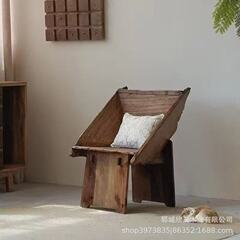 跨境诧寂风实木休闲椅民宿靠背板凳复古老榆木异形餐椅庭院咖啡