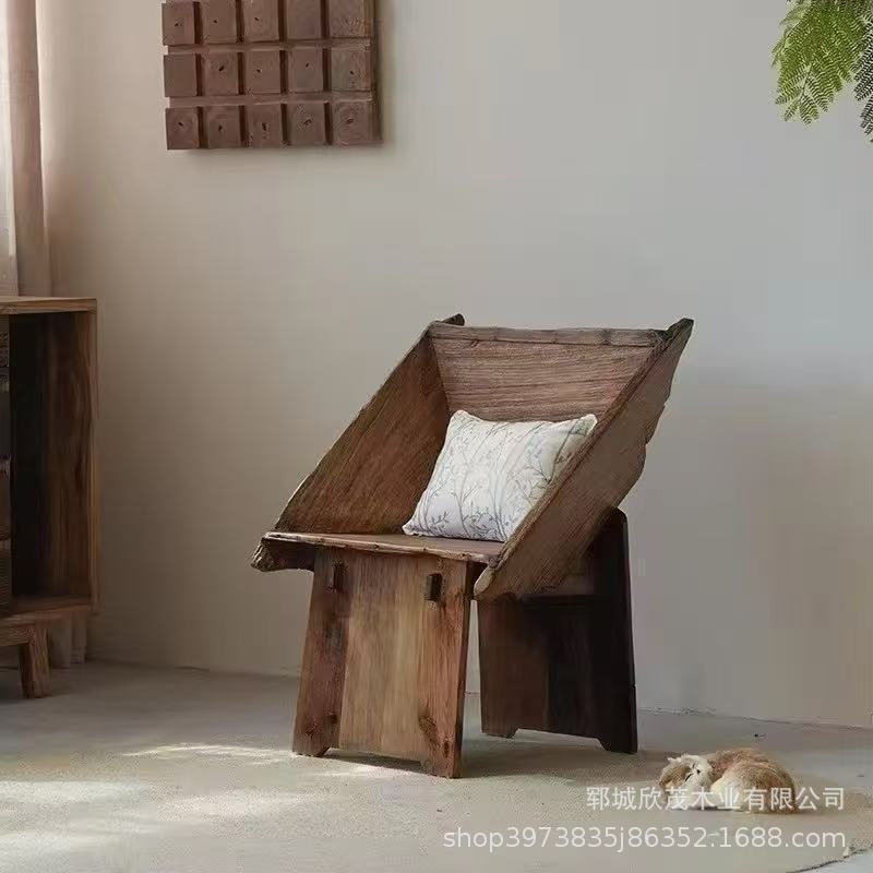 跨境诧寂风实木休闲椅民宿靠背板凳复古老榆木异形餐椅庭院咖啡|undefined