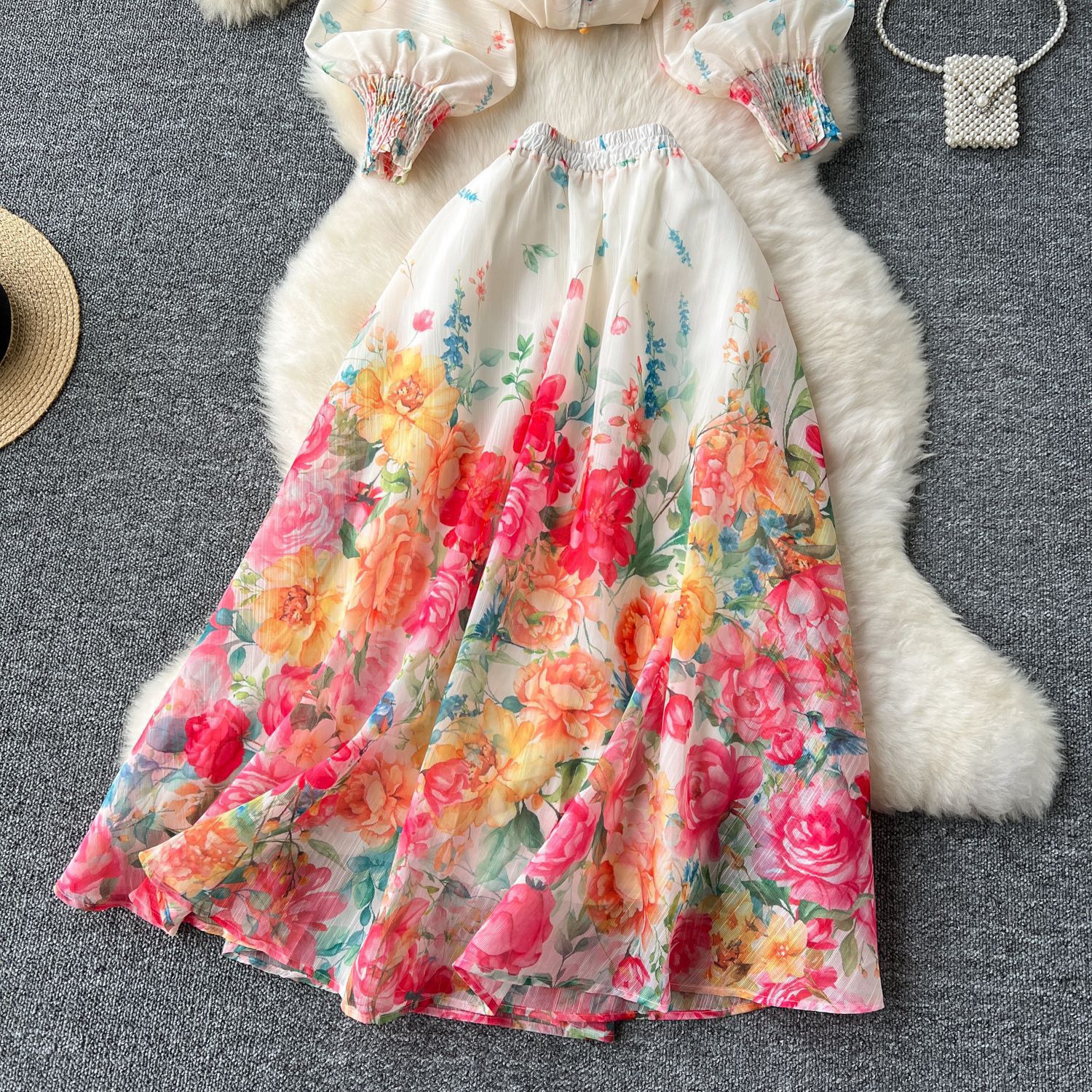 Women's Two Piece Set Elegant Lantern Sleeve Top And Mesh Skirt_voghion.com
