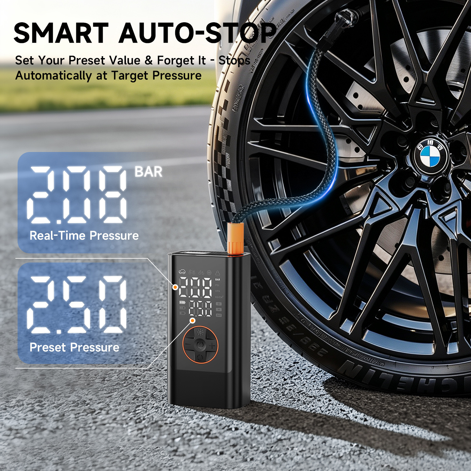 Portable Wireless Car Air Pump, Car-mounted Inflator, Electric Car Tire Inflator with Storage Compartment and Lighting