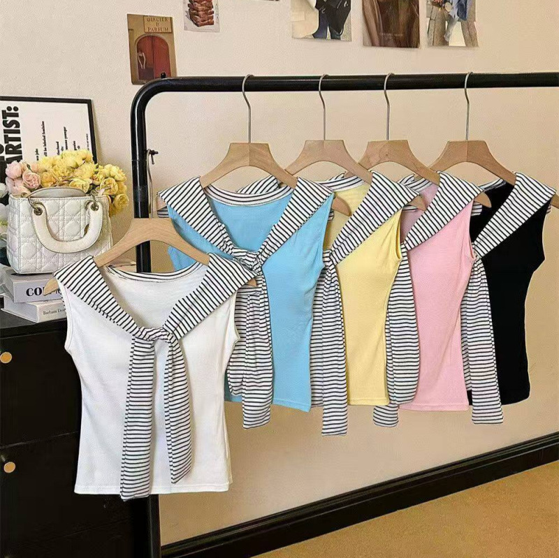 Korean-style navy striped shawl faux two-piece sleeveless vest for women, summer top with chest pads, slim fit, versatile and stylish