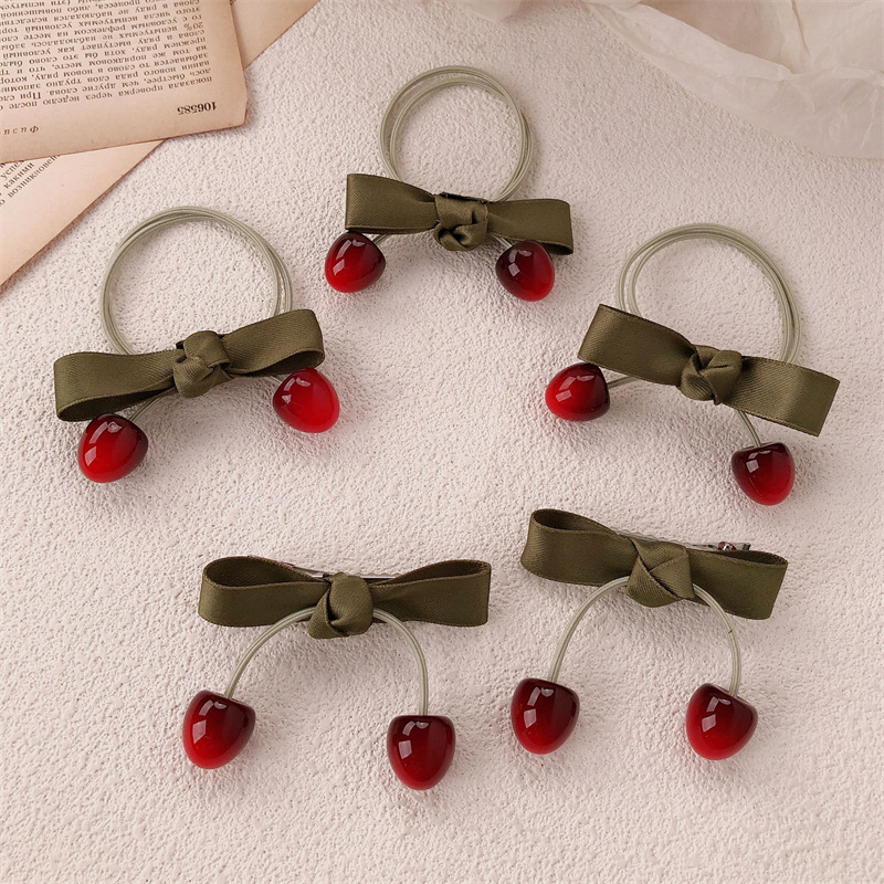 Nuevo anillo de cereza de fruta dulce chica atada cuerda de cabello arco de alta elasticidad correa de goma cabeza adornos para el cabello