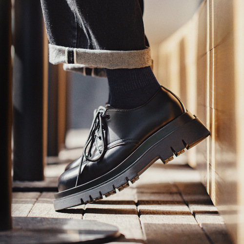 Mardenby Shoes Men's Low-Top Martens Boots Thick Sole Black Work Shoes British Couple Casual VIBE Leather Shoes