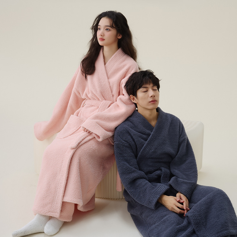 목욕 가운 여성 성인 흡수성 빠른 건조 비면 가을 및 겨울 커플의 긴 두꺼운 잠옷 2024 새로운 스타일 목욕 가운