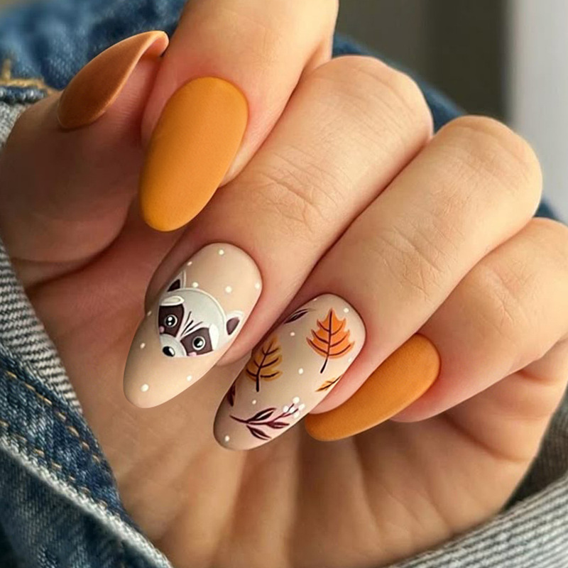 Cross-Border Nail Art Autumn Warm Orange Maple Leaf Cute Little Raccoon Matte Almond-Shaped Press-On Fake Nails