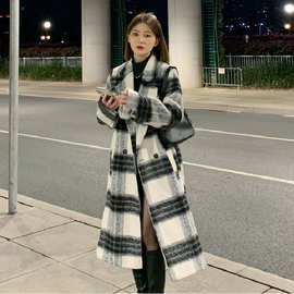 2024秋冬新款气质格子毛呢外套中长款高级感呢子大衣女小个子