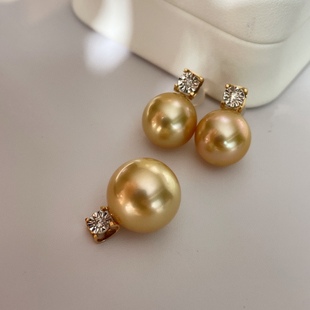 Princess G18k Golden Nanyang Seawater Gold Bead Earrings Pendant suit 12-13mm Round Gold Almost Flawless