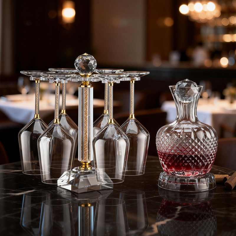 Luxury crystal diamond-embellished goblet set with rotating display rack, red wine utensils, home gift box, high-end feel