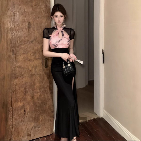 New Chinese Style Sexy Printed Cheongsam dress 2025 Spring New Style Celebrity Elegant Split Hip Skirt Long Skirt for Women