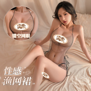 曼烟 Sexy underwear neck hanger tie flash brick fishing net hollow nightclub short skirt nightgown uniform set 1801