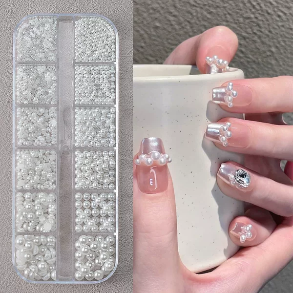 12-Grids Pearl Nail Art Jewelry Flats Bottom Semi-Circular 1.5-5mm Full Set of Mixed Japanese Style Manicure Stereo Nail Drill