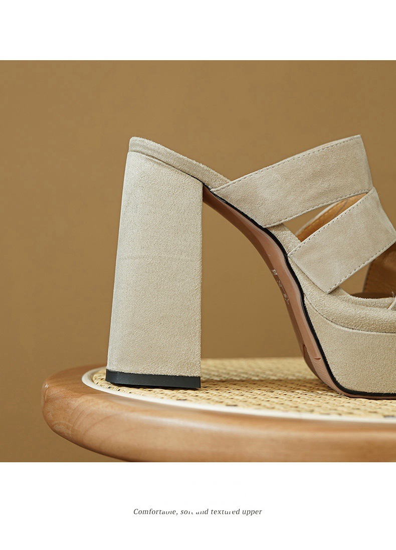 Sandal cao gót nữ hở mũi gót thô 12 cm đế dày phong cách La Mã — đen chi tiết 12