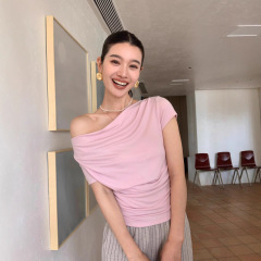 pusumede温柔秘籍 荡领短袖t恤女设计感收腰修身短款气质斜肩上衣