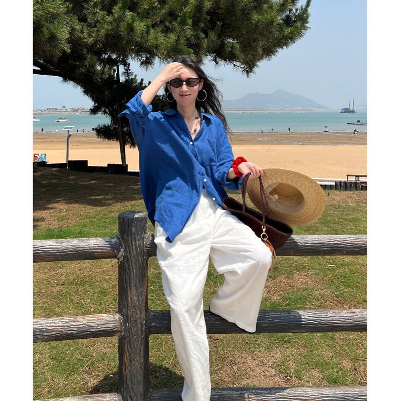 Qiao Mi All-Linen Long-Sleeve Shirt for Women, Spring/Summer 2026 French Linen Turn-Down Collar Pocket Shirt, Loose Blue Top Qiao Mi All-Linen Long-Sleeve Shirt for Women, Spring/Summer 2026 French Linen Turn-Down Collar Pocket Shirt, Loose Blue Top