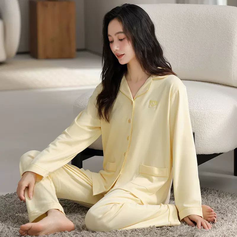 100%纯棉春秋季新款睡衣女宽松开衫爆款长袖长裤大码家居套装外穿