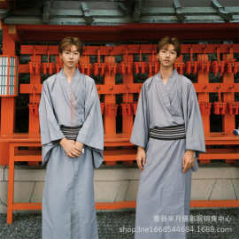 传统男士和服浴衣武士袍长袍日式浴袍夏花火送腰带绑带套cos新款