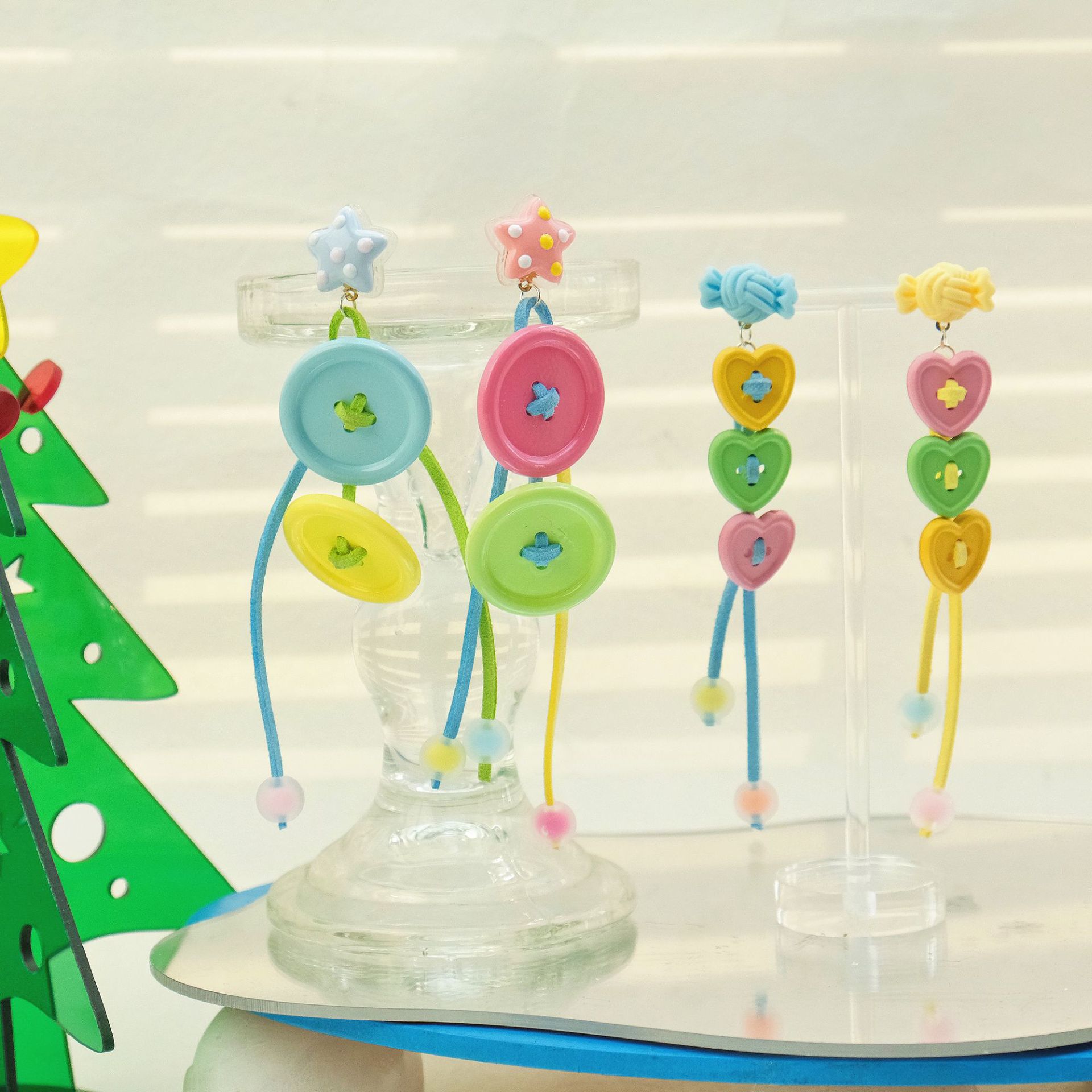 오각별 수제 뜨개질 단추 귀걸이 925 실버 캔디 컬러 하트 테슬 귀걸이 롱 스타일 틈새 디자인 펜던트