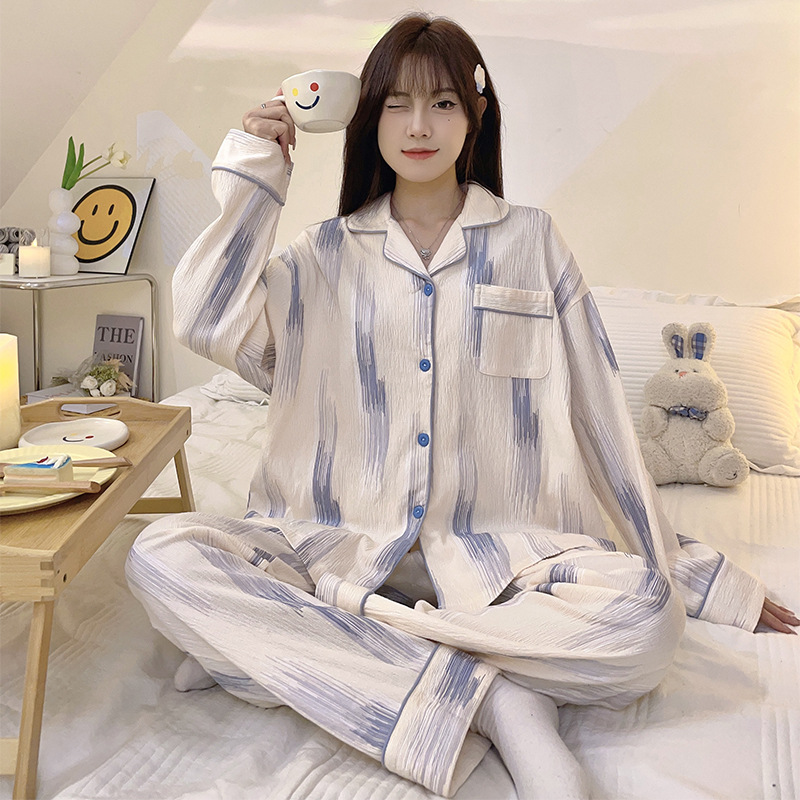 Estilo japonés fresco pijamas de las mujeres algodón solapa cardigan manga larga otoño y el invierno dulce simple linda chica desgaste del hogar traje