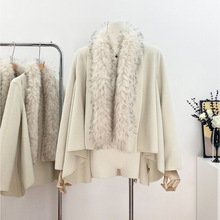 轻奢风貉子毛领双面呢外套小众设计感不规则下摆宽松显瘦毛呢上衣
