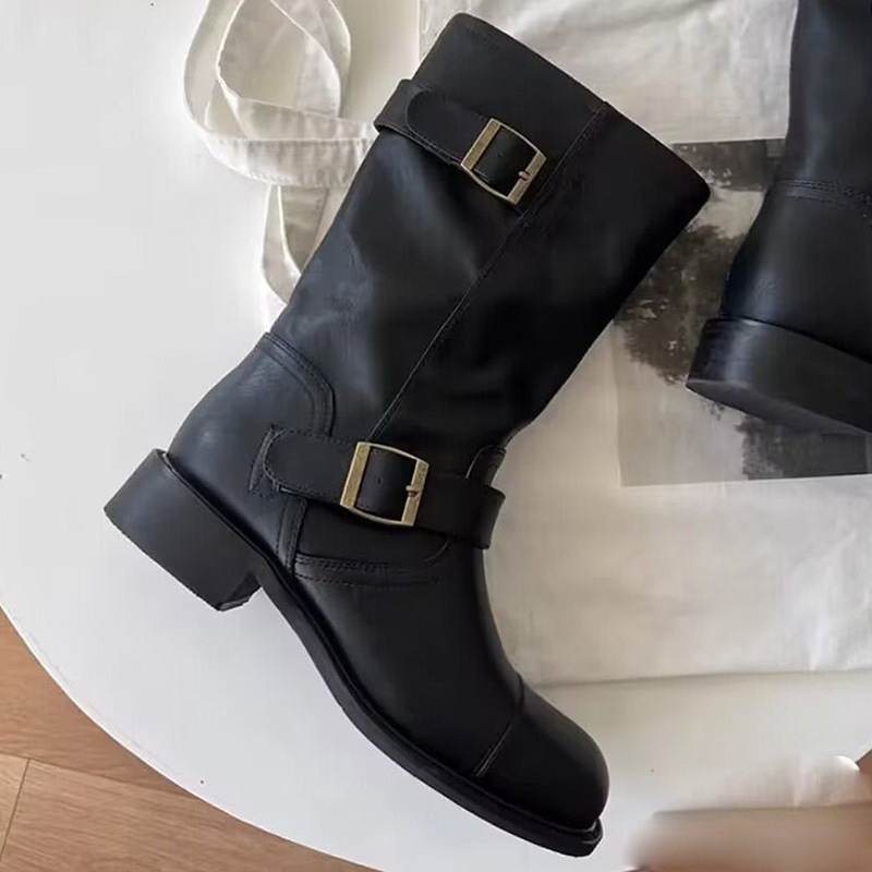 HOWUS Niche Thick Heel Martin 부츠 여자 Maillard 라운드 발가락 벨트 버클 슬리밍 두꺼운 밑창 웨스턴 데님 미드 솔 부츠