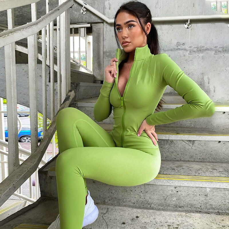 European and American Cross-Border 2024 Autumn Solid Color Zipper Stand Collar Sports Jacket Fitness Yoga Wear Pants Set Trendy Fashion