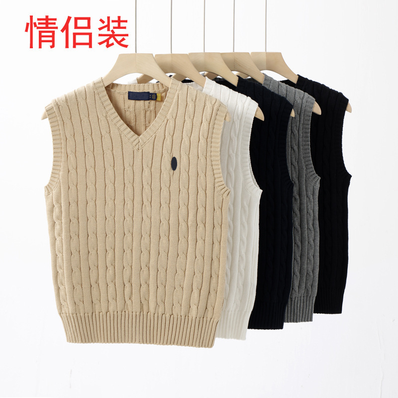 Spring and Autumn Style Couple Outfits with Pony Logo, Men's and Women's V-Neck Knitted Cable Solid Color Cotton Vest