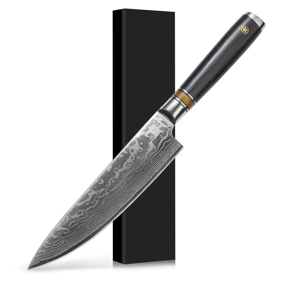 大马士革钢 8寸厨师刀 彩木柄 VG10寿鱼生司料理刀切肉切片万用刀