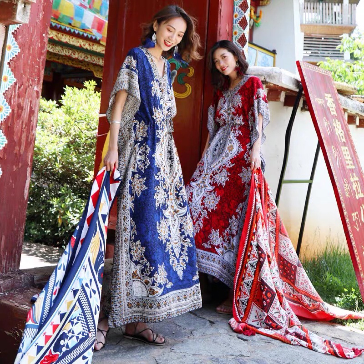 跨境欧美民族风宽松连衣裙泰国巴厘岛三亚海滩旅游度假沙滩连衣裙