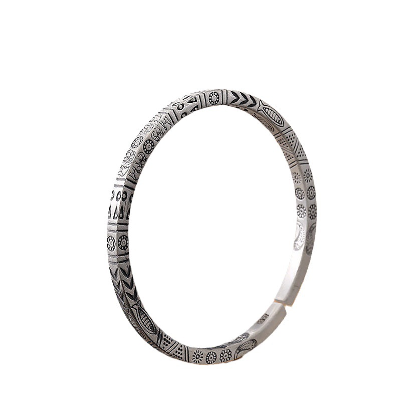 Totem bohémien 2 pezzi con anello aperto solido placcato in argento, design di nicchia, braccialetto in stile etnico_voghion.com