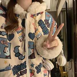 两面穿羊羔毛连帽外套冬季加绒加厚新款棉服女款超厚羊羔绒外衣