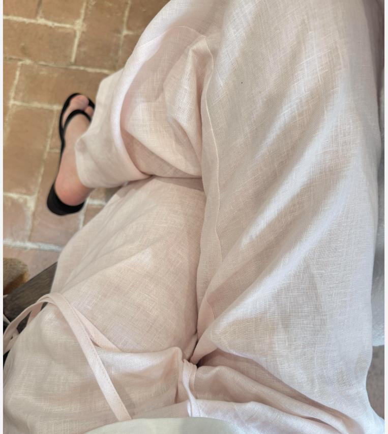 Quần ống rộng vải lanh phối sợi cotton dáng suông rủ nhẹ phong cách lão tiền — màu hồng, Xanh da trờicolor chi tiết 2