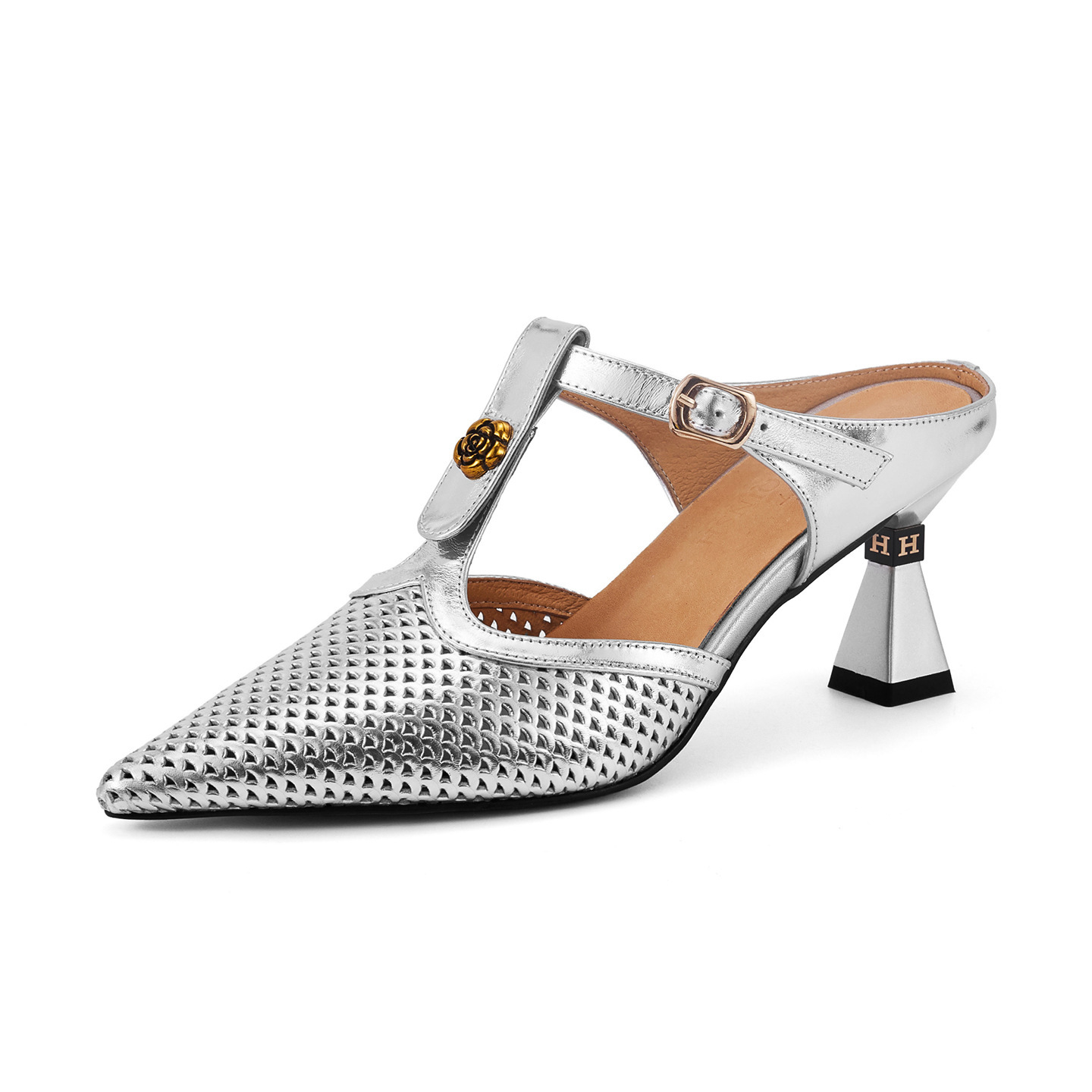 Sandal cao gót nữ quai chữ T mũi nhọn hở mũi, gót 7 cm — màu vàng chi tiết 13
