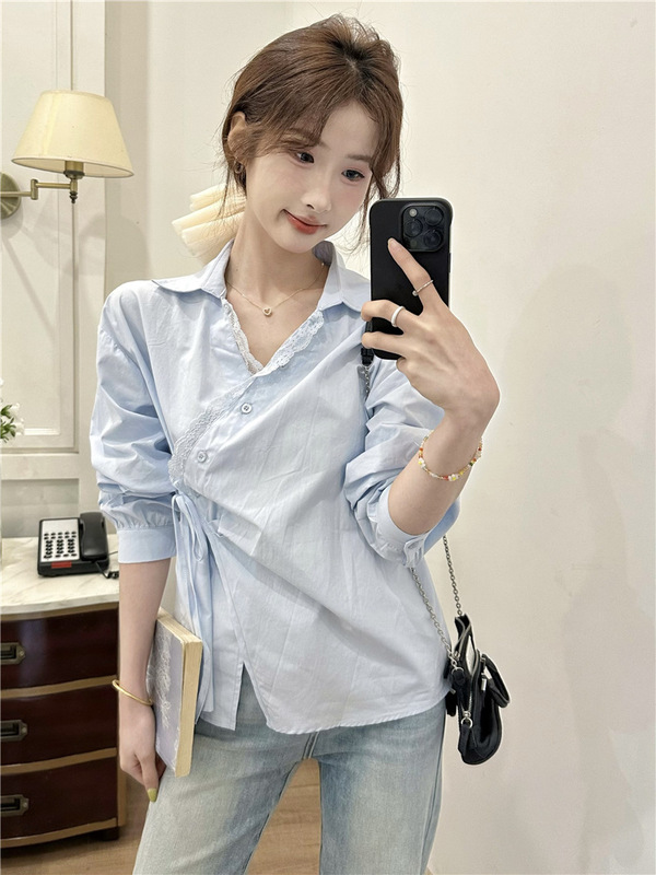 法式气质蕾丝边衬衫2025新款女韩版设计感小众侧绑带独特漂亮小衫|undefined