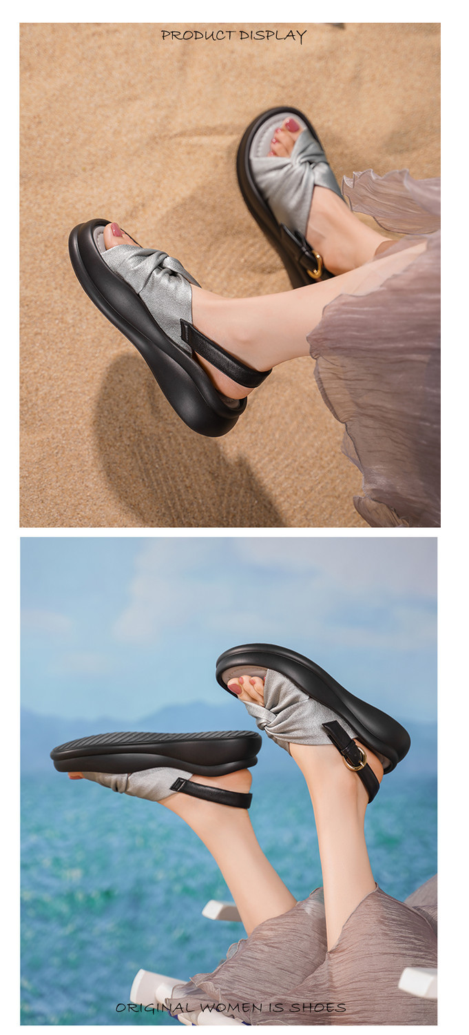Dép sandal nữ quai chữ V satin phong cách Trung Quốc, đế dày tăng chiều cao, thoải mái đa năng — đen, bạc chi tiết 4