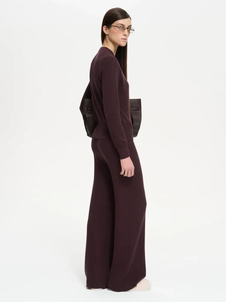 Bộ len dệt kim nữ áo cardigan tay dài quần dài màu trơn — Màu nâu, màu xám, mơ chi tiết 71