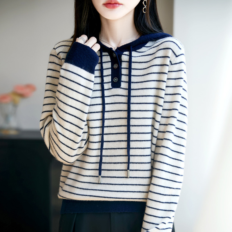 秋冬新款100纯羊毛衫女连帽套头针织打底衫上衣条纹宽松女装毛衣|undefined