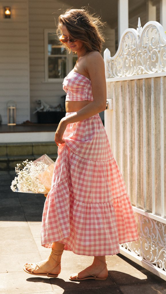 traje de falda larga con costuras cruzadas en el pecho a cuadros NSJKW119807