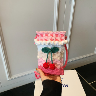 Autumn and Winter New Finished Wool Kidsren's Bag Creative Hand-Woven Bag Lamb Crossbody Bag Cherry Mobile Phone Bag