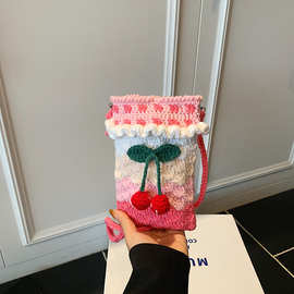 秋冬新款成品毛线儿童包包创意手工编织包小羊斜挎包樱桃手机包