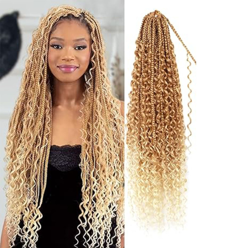 跨境欧美化纤假发Box Braids Bohemian Curly三股辫飞子钩针发辫|undefined