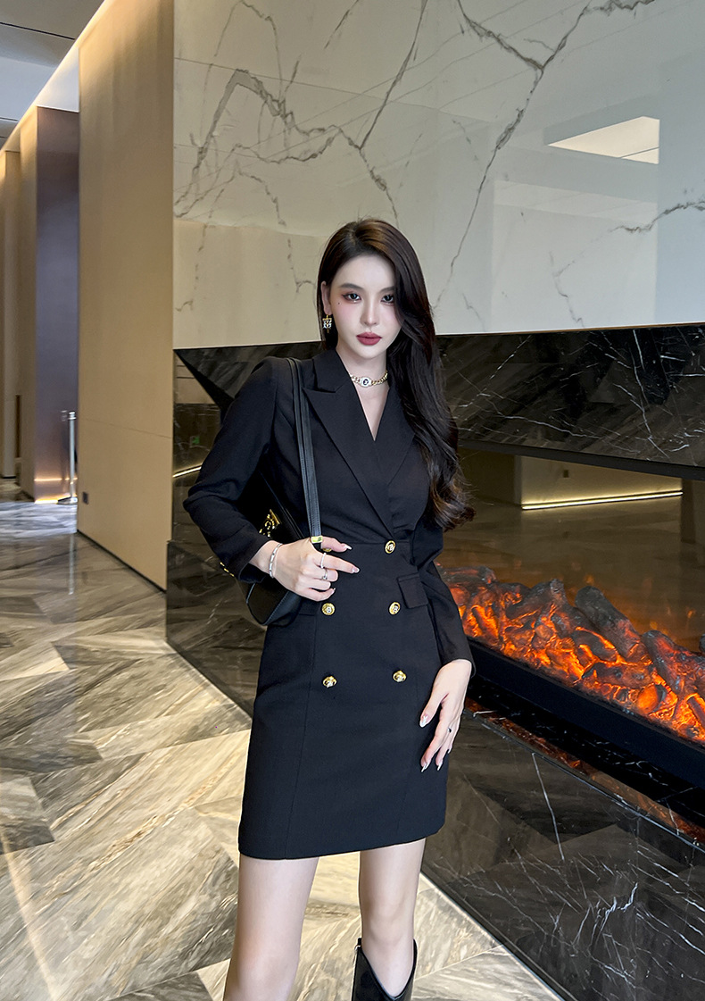 Đầm blazer nữ công sở kiểu dáng thời trang Pháp, tay dài, cổ ve — Màu đen chi tiết 16