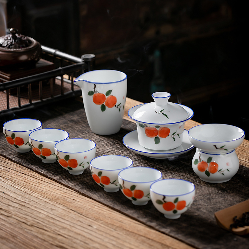 Juego de té de Kung Fu de cerámica de estilo japonés traje de hogar pintado a mano porcelana blanca sancai Tazón de cubierta taza de té tetera